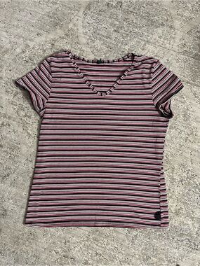 Roots Striped V-Neck Short Sleeve Top in Black, White & Pink